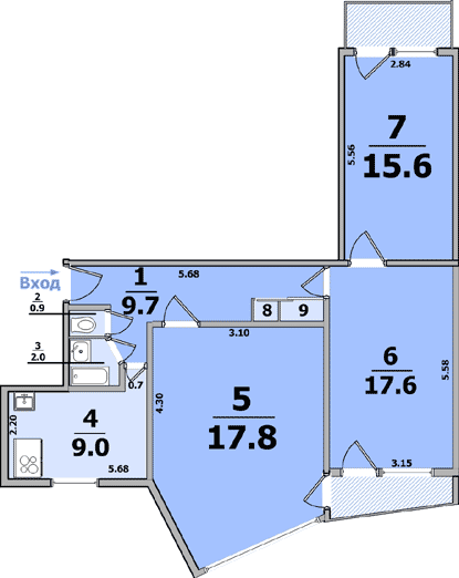 План 3 х комнатной квартиры в панельном доме 9 этажей