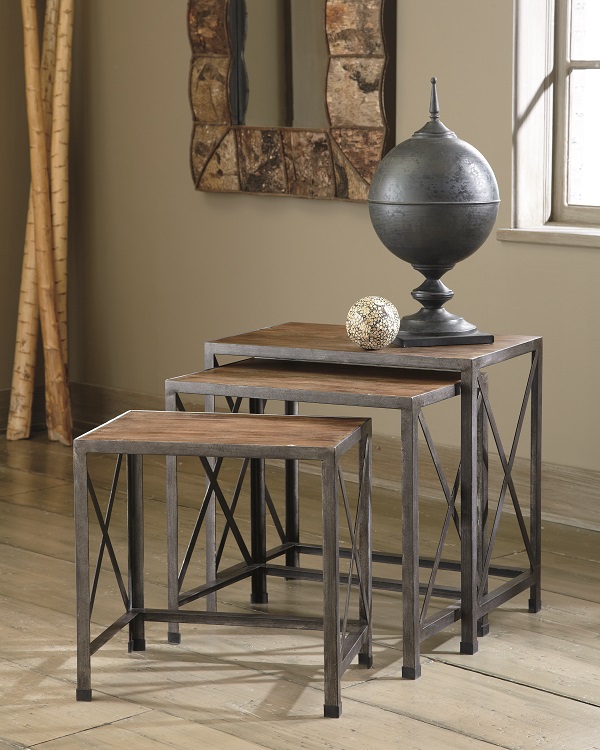 3 brown wooden end table in front of a window with a vase on top