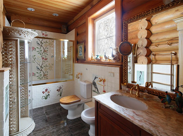 дизайн ванной комнаты в деревянном доме из бревна