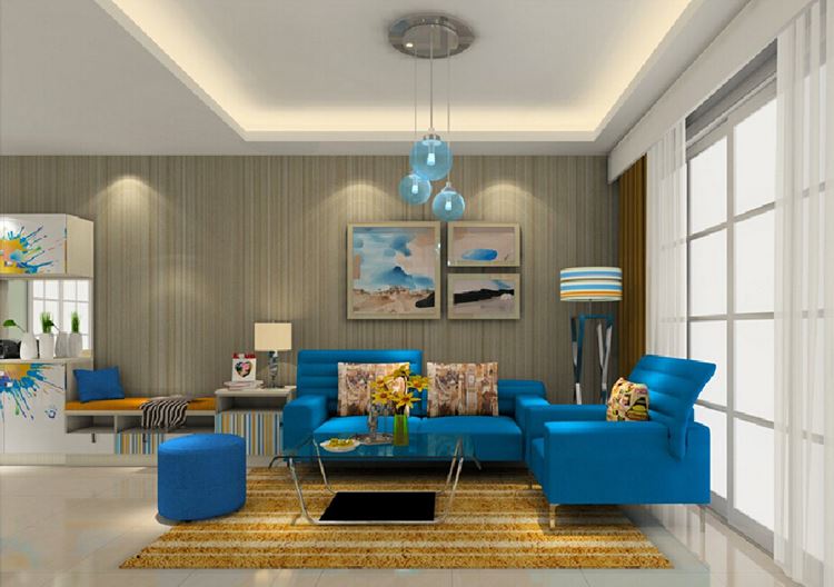 Голубой диван в интерьере: диван с креслами в бежевой гостиной