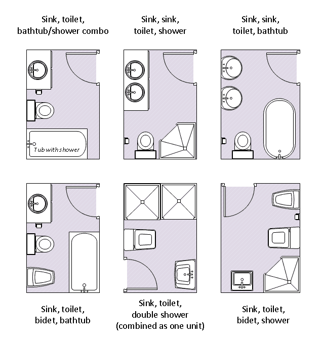 plans of different bathroom layouts and size