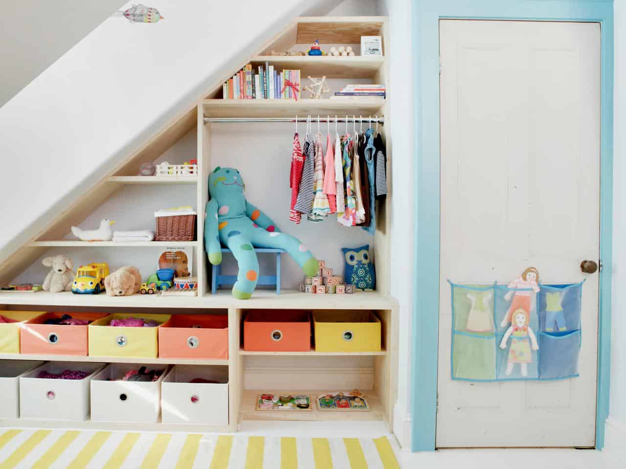 Storage shelves under the stairs