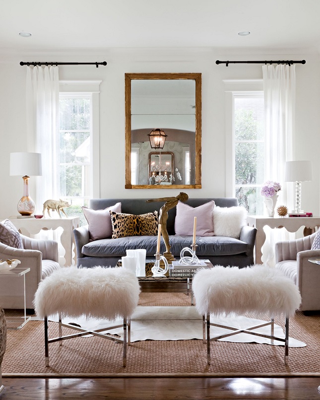 Cool living room design with sheepskin stools