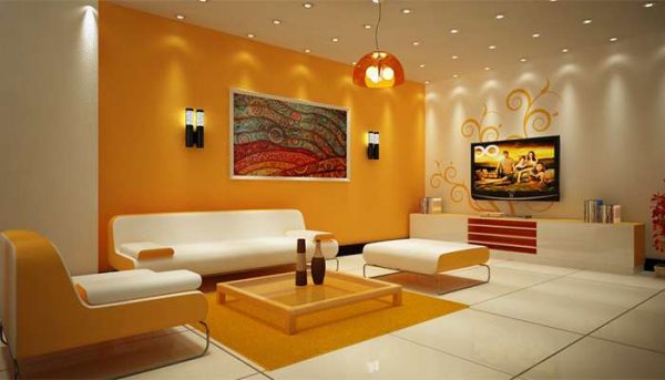 приглушённый жёлтый цвет стен в интерьере гостиной смотрится очень уютно