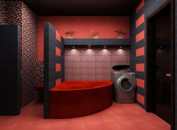 красно чёрный интерьер ванной с туалетом