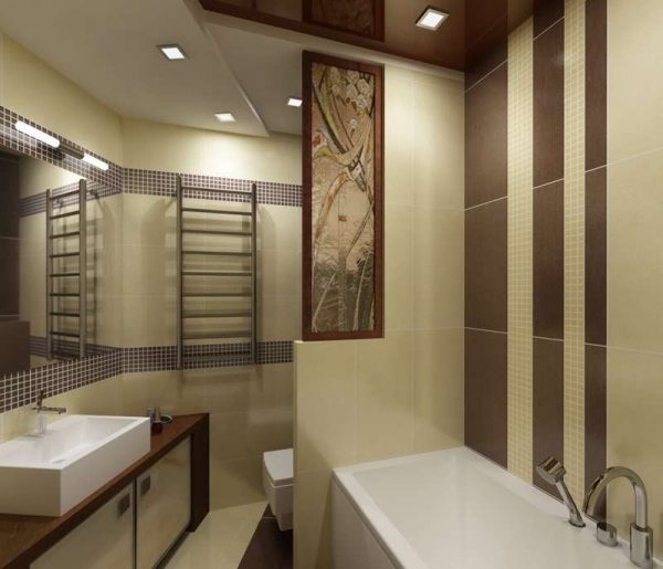 коричнево-бежевый интерьер ванной с туалетом