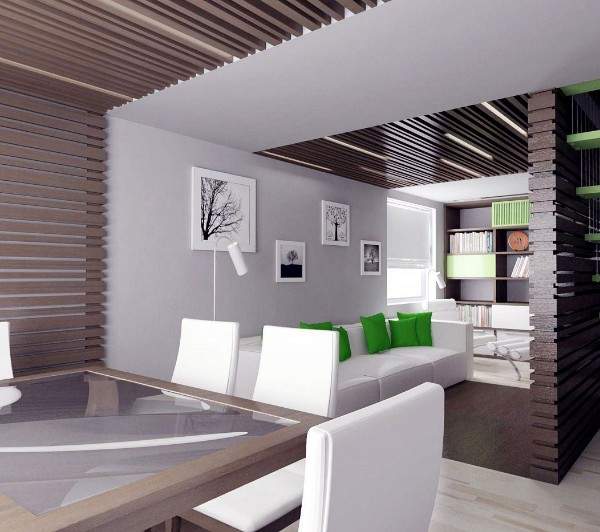 Интерьер маленького зала в частном доме в современном стиле минимализм