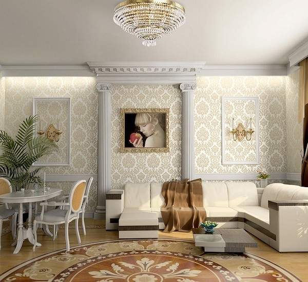 Классический дизайн гостиной в частном доме с лепным декором