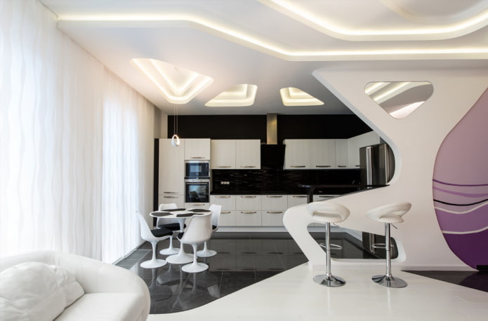 гипсокартонный потолок в интерьере кухни-гостиной