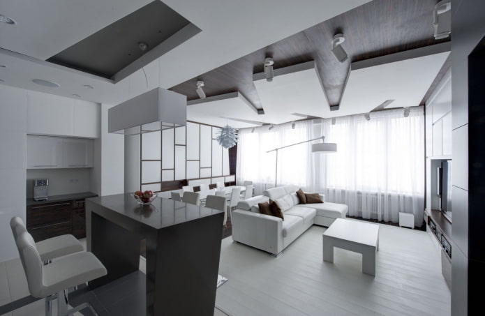 дизайн потолка в интерьере кухни-гостиной