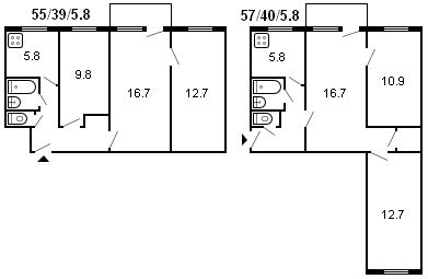 планировка 3-комнатной хрущевки серии 434 1961 г.