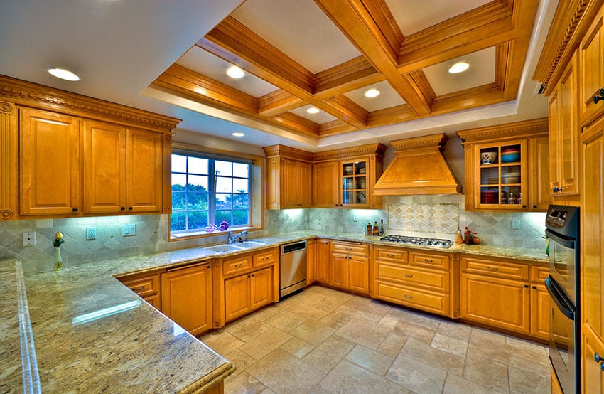 Custom solid wood kitchen with coffered ceiling