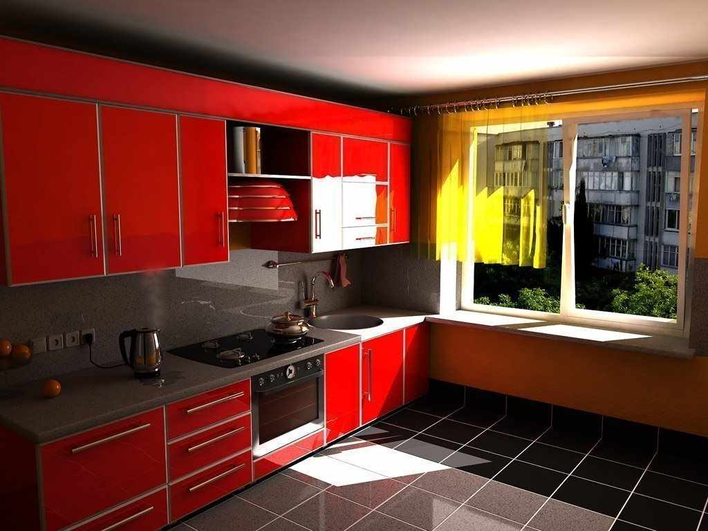 пример необычного интерьера красной кухни