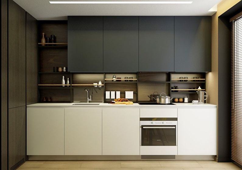 Кухонный гарнитур линейной планировки с контрастными фасадами