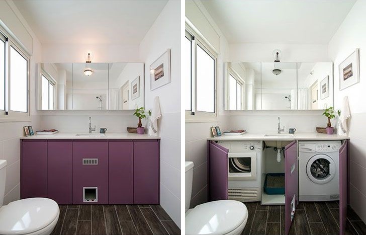 Шкаф с фиолетовыми дверками для стиральной машинки