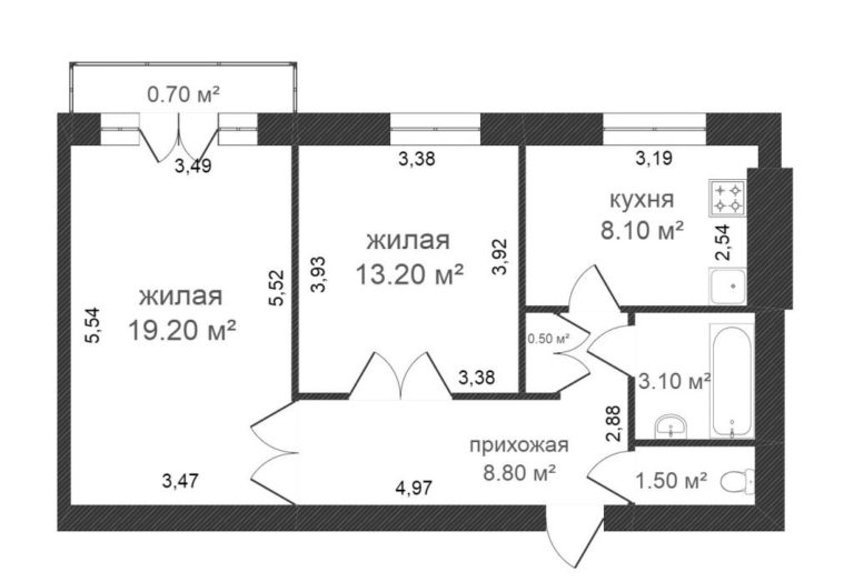 Схема двухкомнатной сталинки в доме из белого кирпича