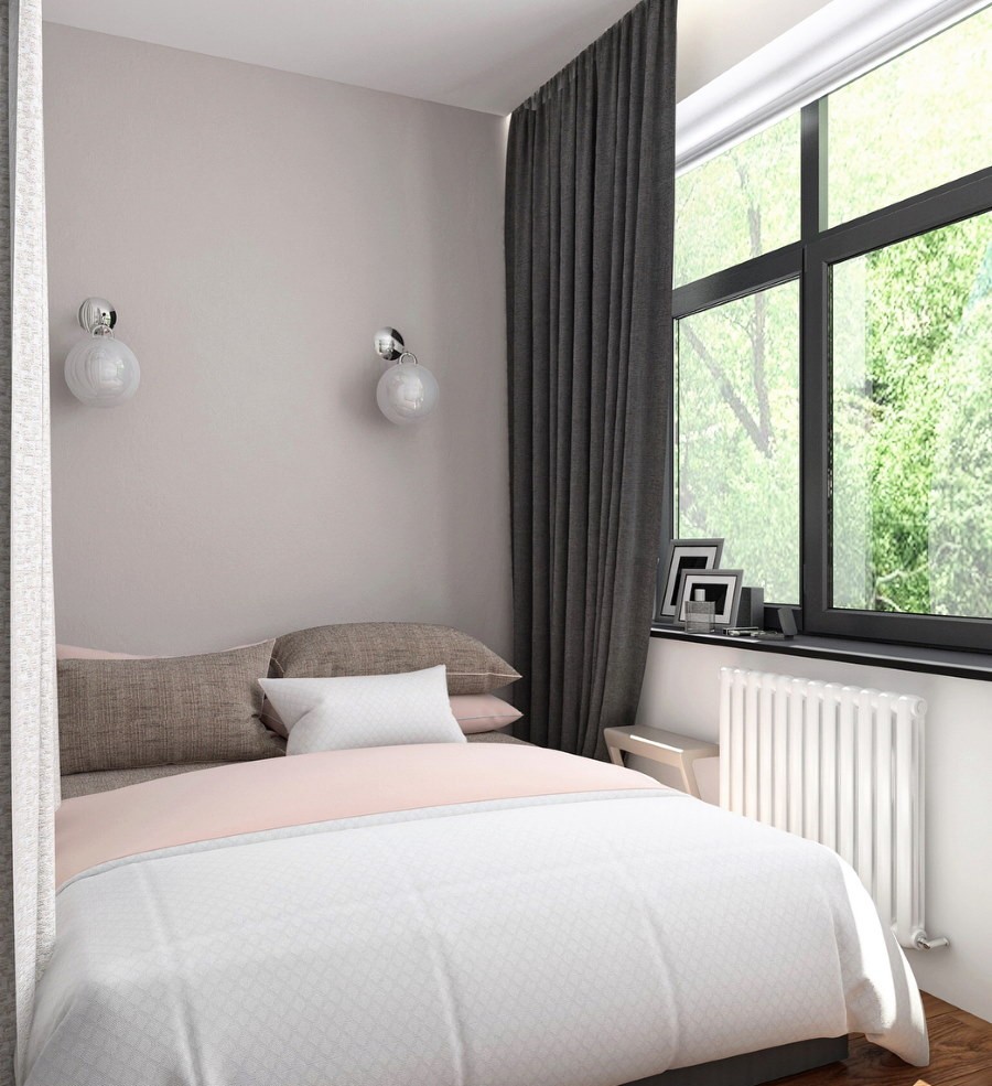 Плотная штора серого цвета в небольшой спальне