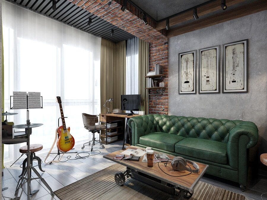 Темно-зеленый диван в квартире индустриального стиля