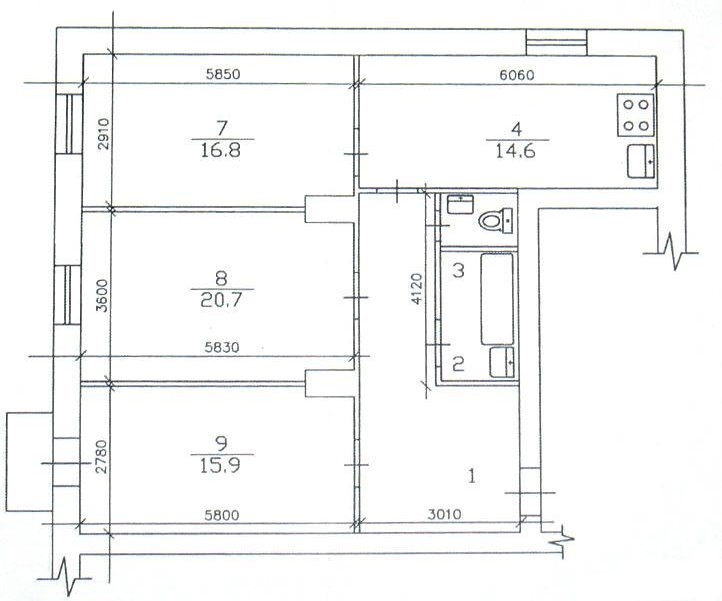 Схема расположения комнат в 3 комнатной сталинке