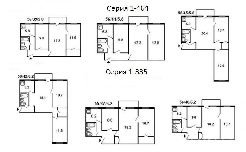 Планировки типовых 3 комнатных хрущевок