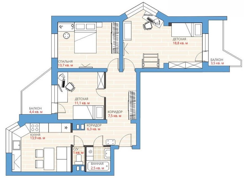 Планировка трешки в панельке для семьи с разнополыми детьми