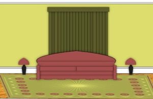 drawing of an interior room with green walls and a maroon couch