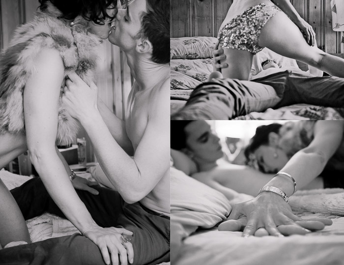 Black and white 3 photo collage depicting couple poses for boudoir photography