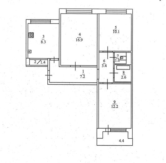 План 3х комнатной квартиры в панельном доме 9 этажей