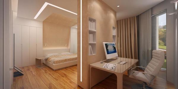 Разделение дизайна комнаты на спальню и кабинет позволяет зонировать пространство