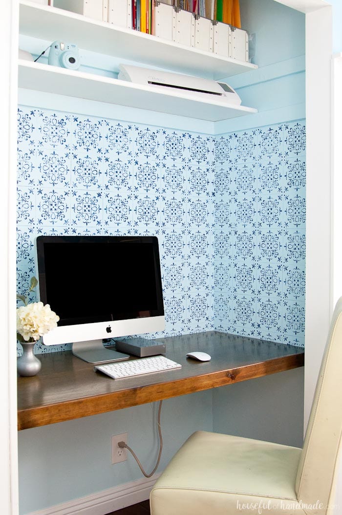 Desk built in a closet and then stained with a DIY wood stain.