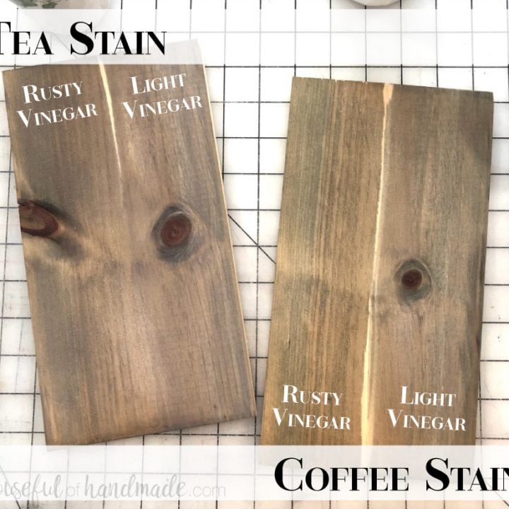 Two pieces of wood stained with different homemade natural wood recipes to show the difference in color.