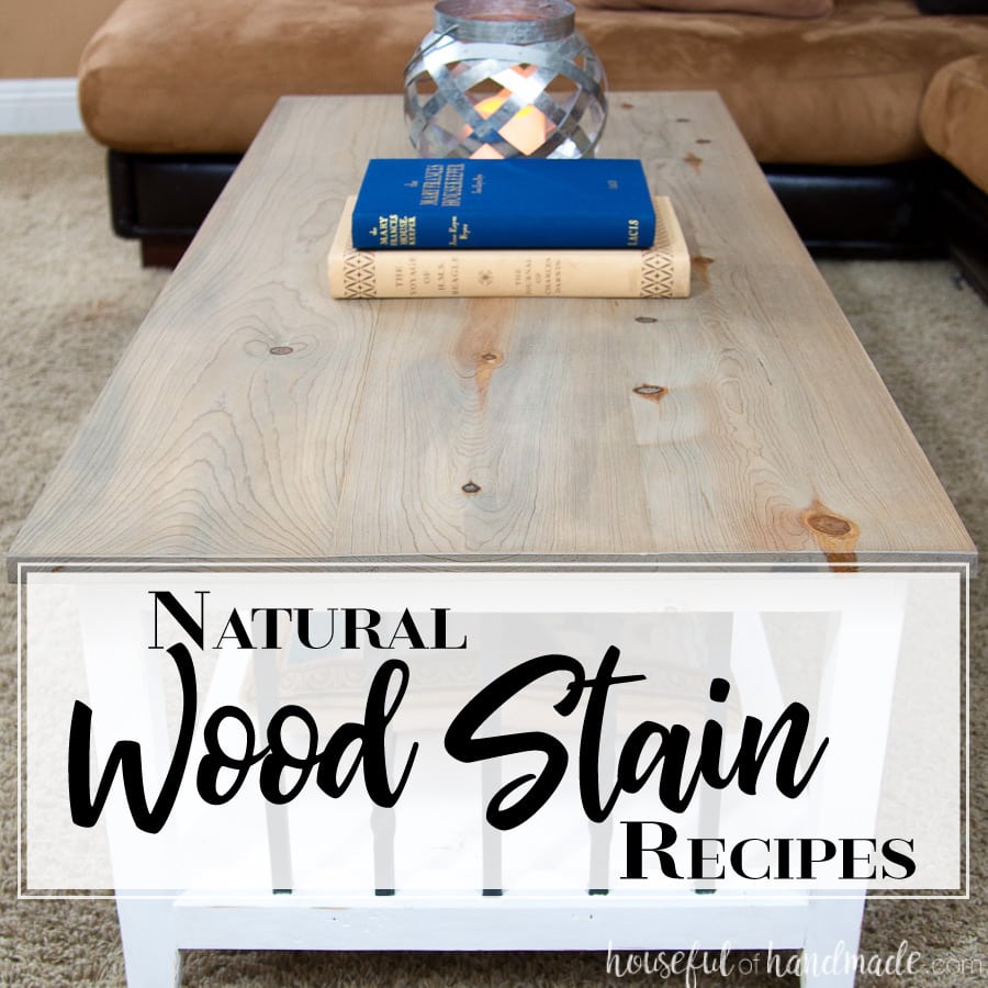 The top of a farmhouse console table stained with DIY natural wood stain.