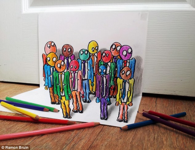 United: Although he mainly works with led pencils in black and white, Mr Bruin sometimes adds a splash of colour in his whimsical art projects