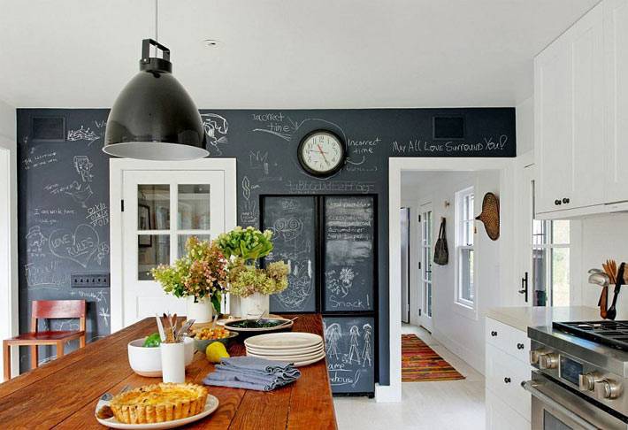 целая стена для рисования мелом в дизайне кухни