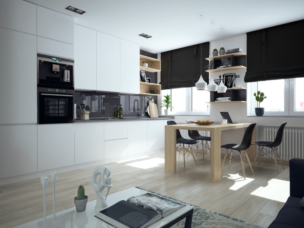 Интерьер маленькой квартиры в контрастных тонах - кухня и столовая