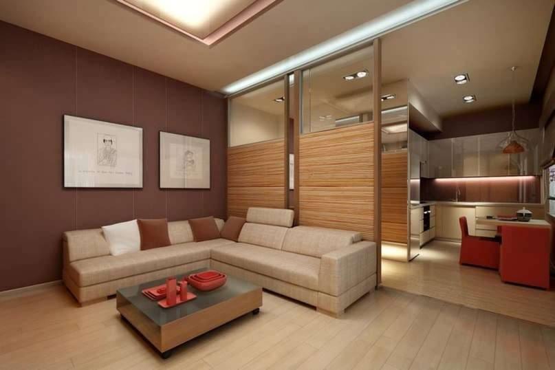 Зоны кухни-студии можно отделить сдвижными деревянными стенами, объединяя пространства или деля его на 2 разных помещения