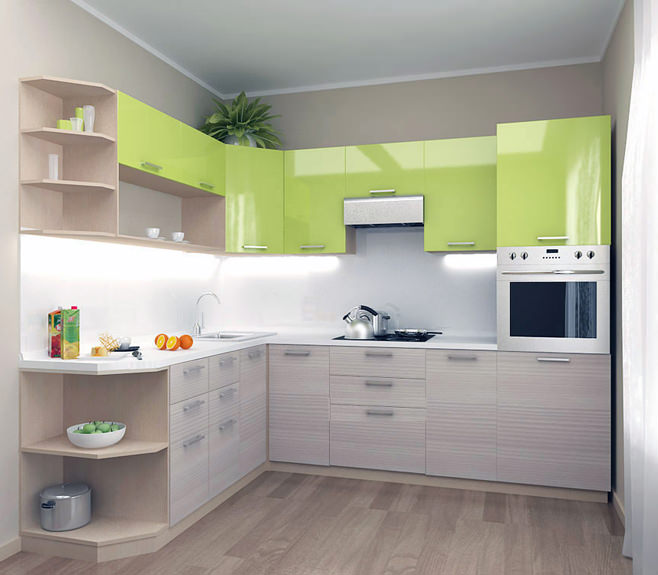 Шикарный интерьер кухни с верхними ящиками салатового цвета
