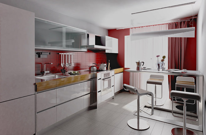 Шикарный интерьер красно-белой кухни
