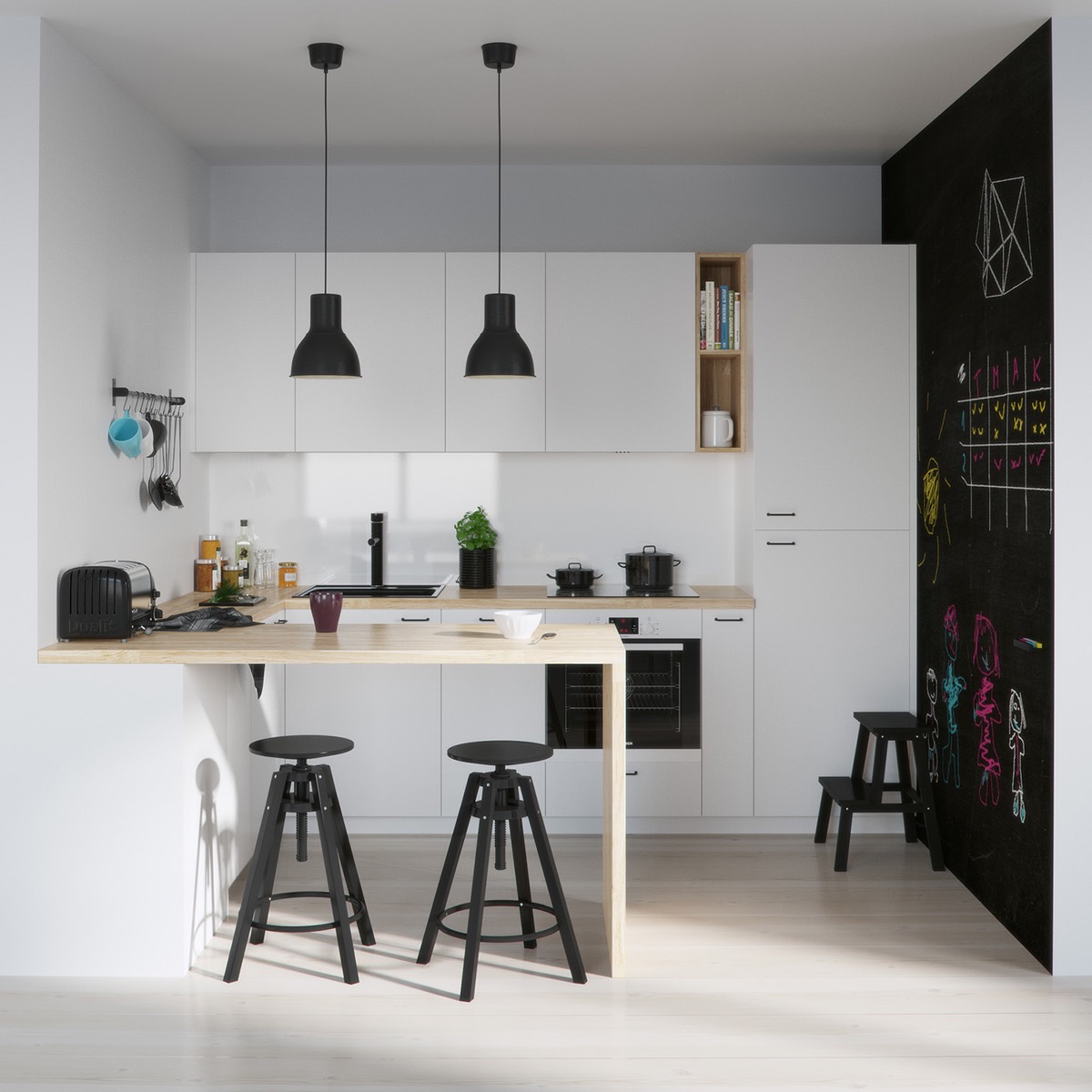 Чёрная грифельная стена в интерьере кухни