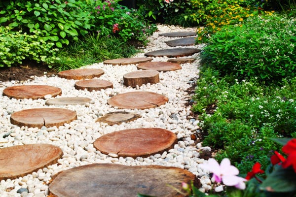 Stone and wood walkway in backyard garden