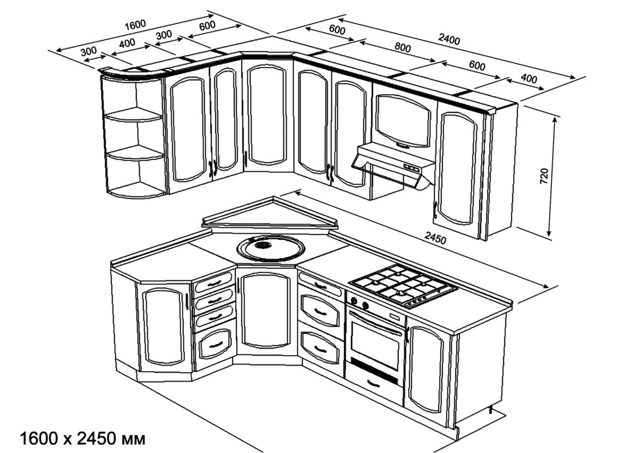 чертежи и эскизы угловых кухонь с размерами