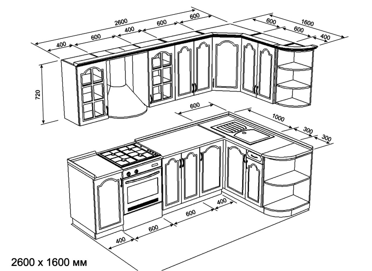 Проекты кухонных гарнитуров с размерами