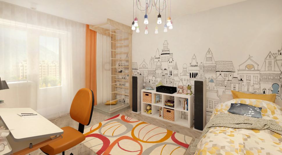 Дизайн-проект детской 14 кв.м со шведской стенкой с черными оттенками, шведская стенка, белая кровать, белая тумба