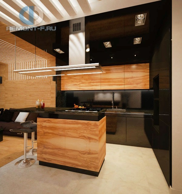 Карамельные и шоколадные оттенки в дизайне монохромного интерьера кухни в 3-комнатной квартире