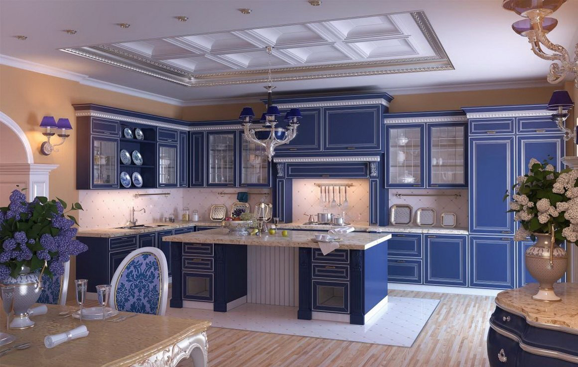 Классическая кремово-синяя кухня