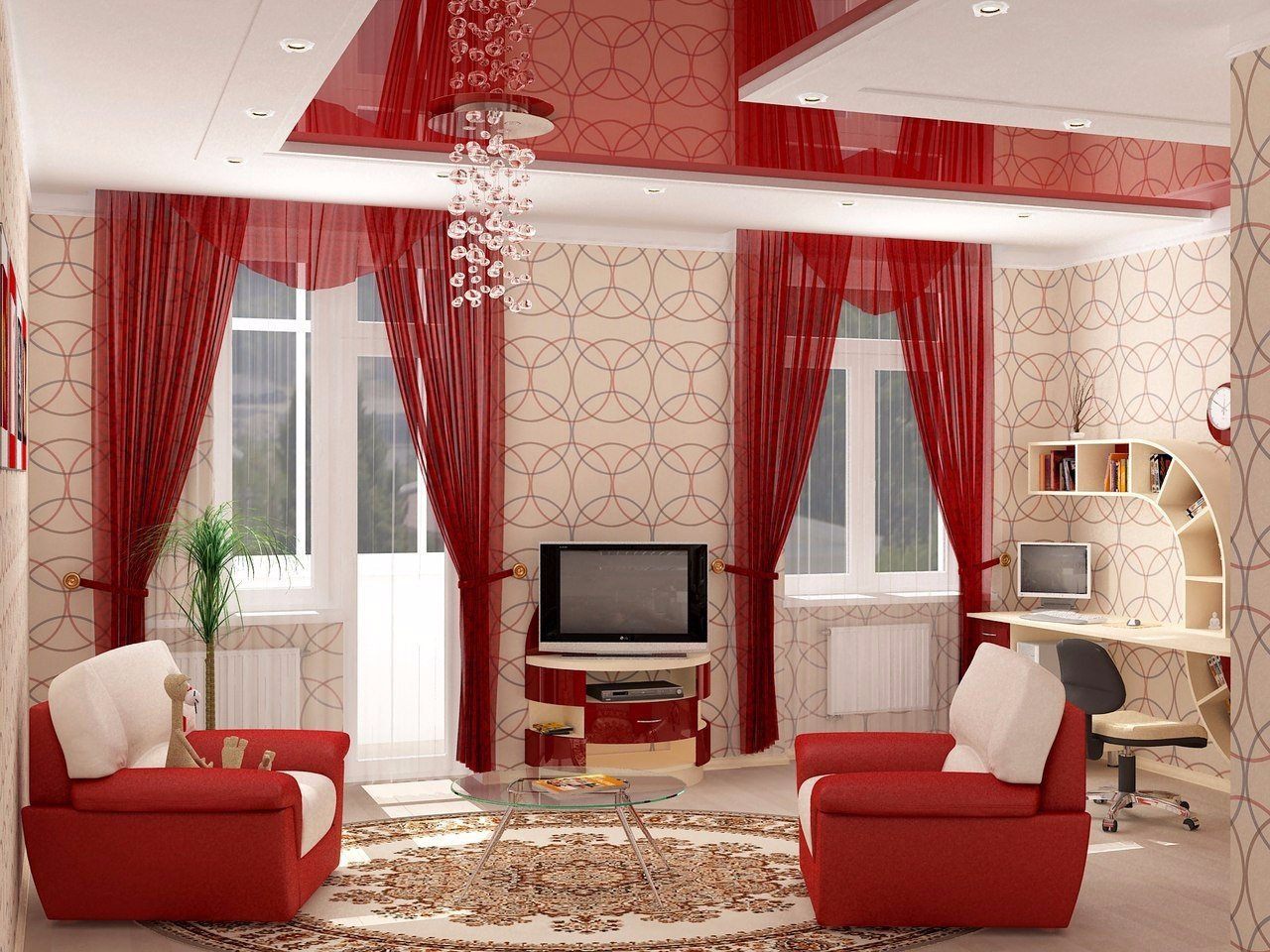 Дизайн зала в частном доме с двумя окнами на разных