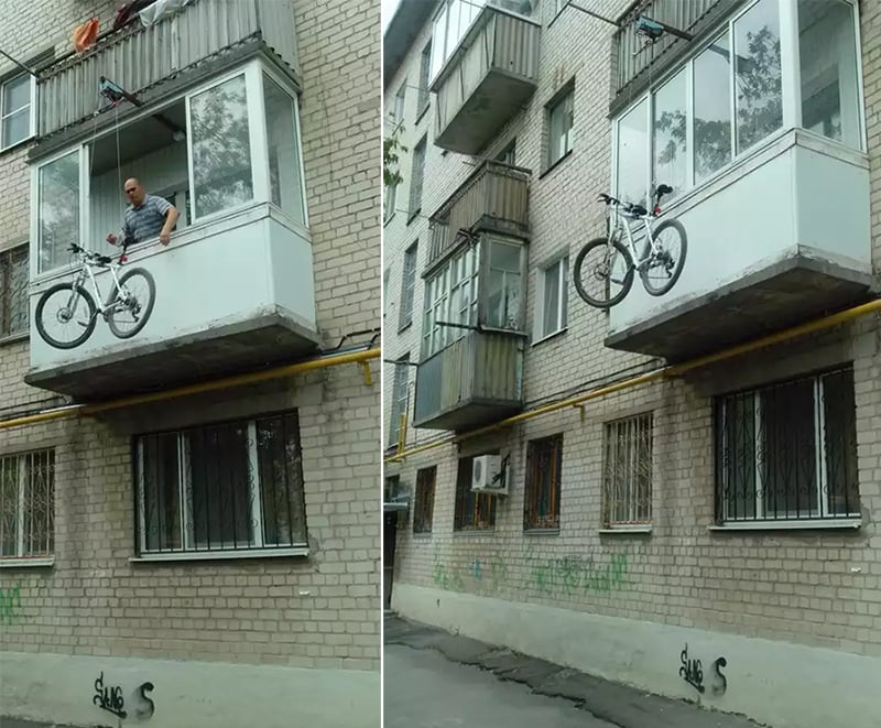 Подъем велосипеда на балкон на блоках 