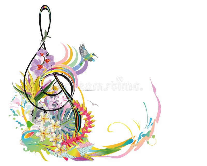 Abstract treble clef decorated with summer and spring flowers, palm leaves, notes, birds. vector illustration