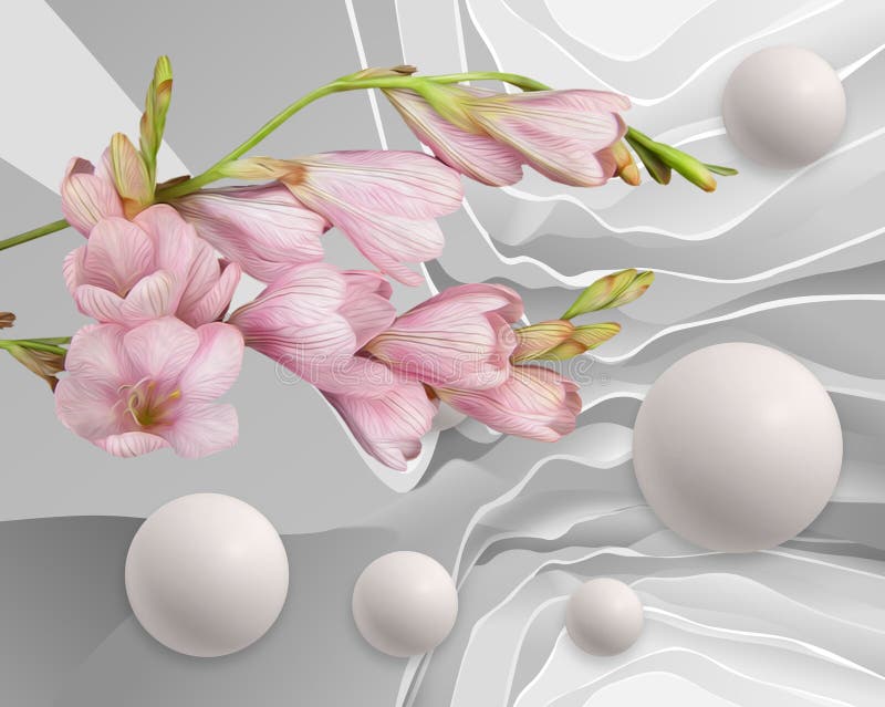 Abstraction flowers and balloons. Stereoscopic photo wallpaper for interior. 3D rendering. vector illustration