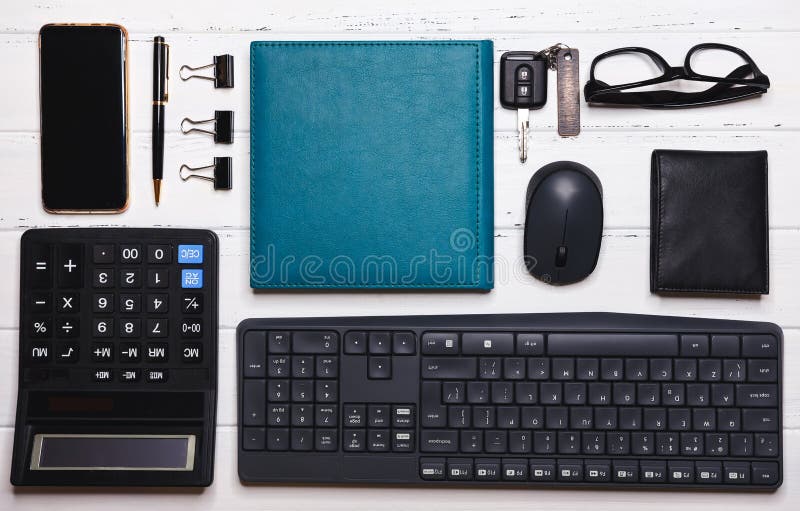 Accessories organized on table in knolling arrangement. Home office. Accessories organized on table in knolling arrangement. Business knolling, home office flat royalty free stock image